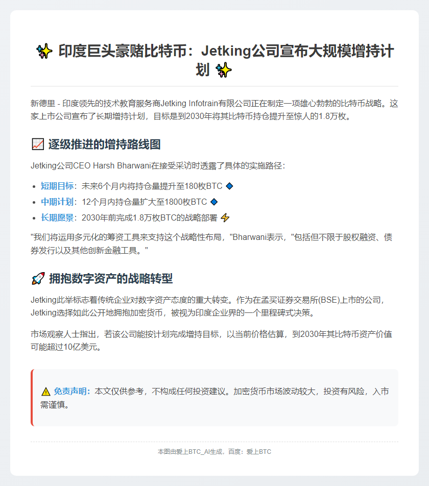 印度Jetking拟增持BTC至1.8万枚