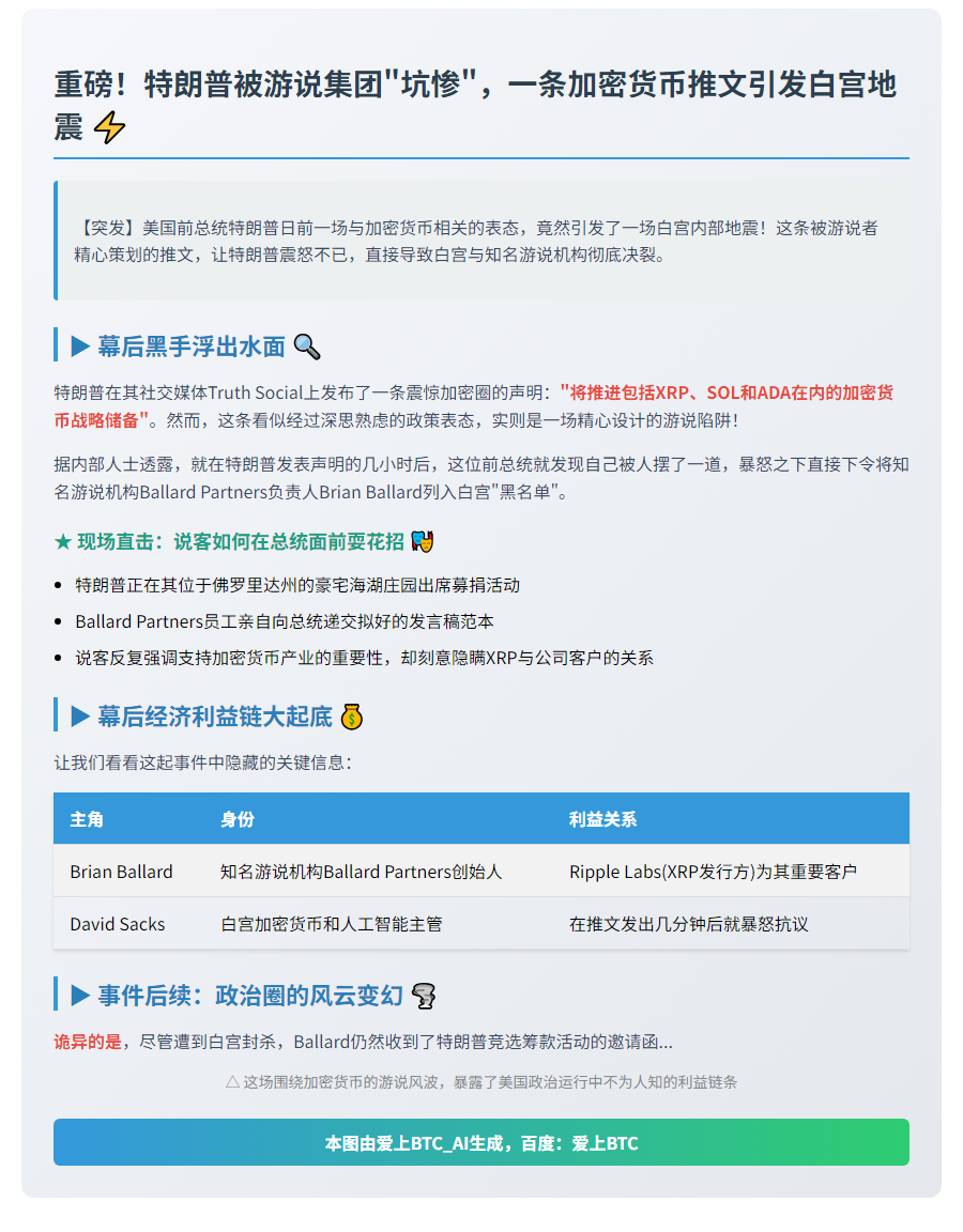 特朗普怒斥说客推动XRP加密储备帖文