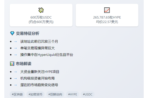 鲸鱼斥600万USDC抄底HYPE