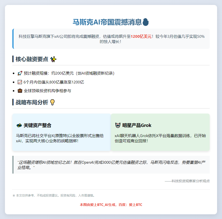 马斯克AI公司xAI融资谈判，估值1200亿美元