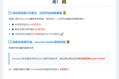 Rumble一季度比特币持仓达201.82枚