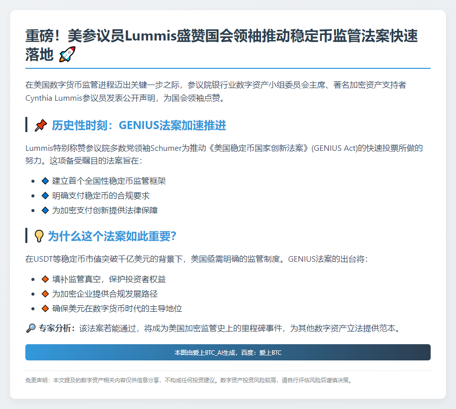 参议员Lummis赞助推快稳定币法案投票
