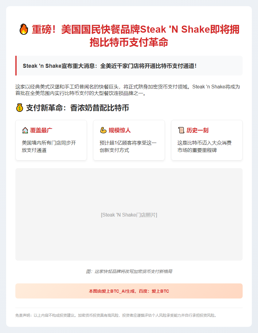 "Steak 'N Shake将支持比特币支付"