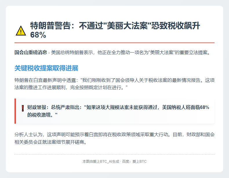 特朗普警告：法案未过 税收或增68%