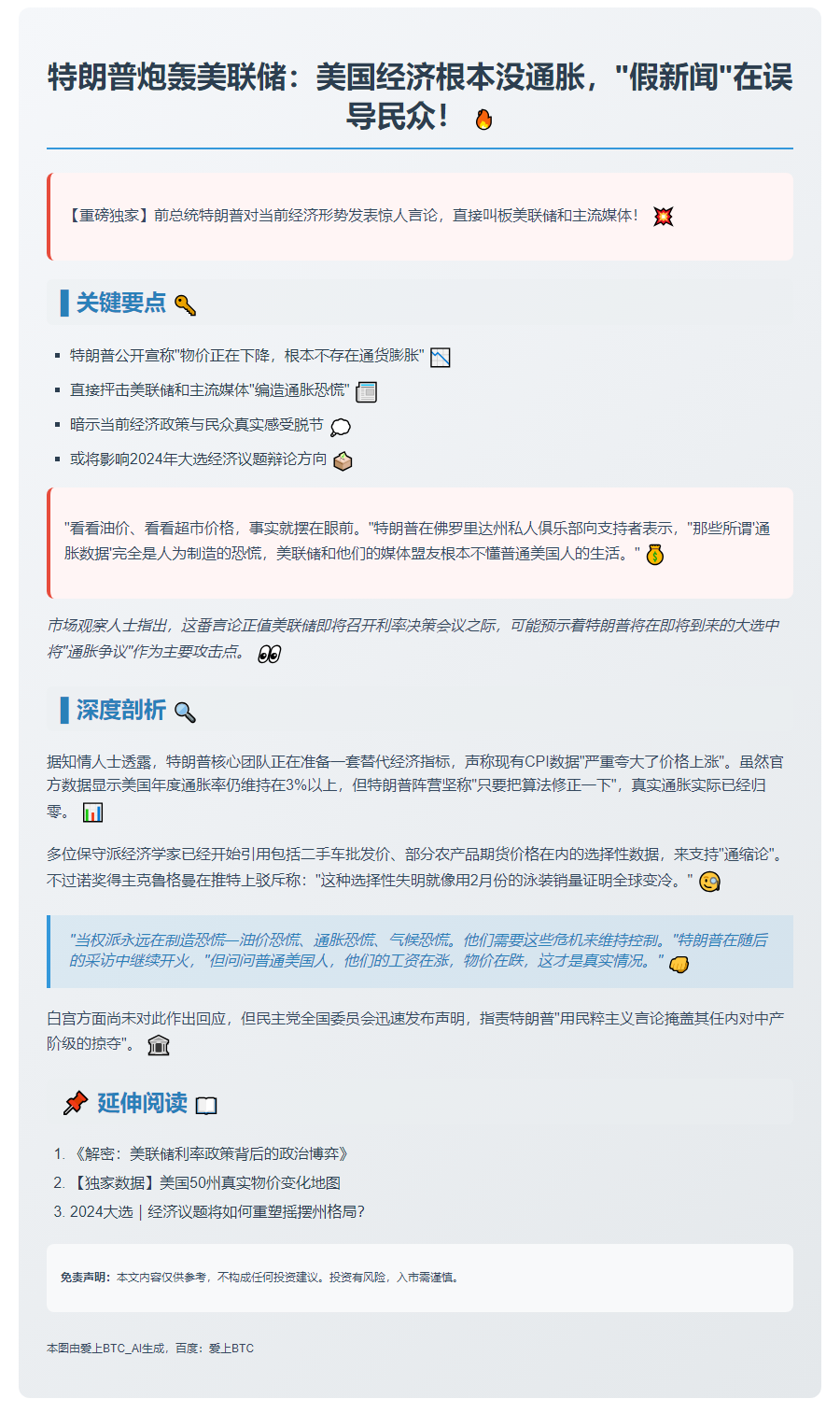 特朗普：通胀下降令美联储惊讶