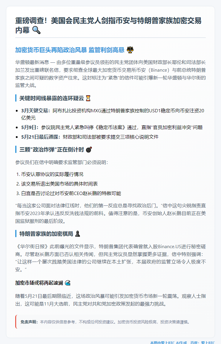 美议员促查币安与特朗普关系