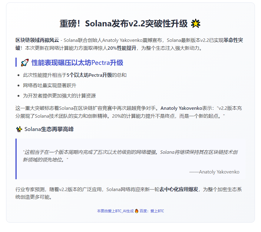 Solana v2.2算力提升20% 相当于5个以太坊升级