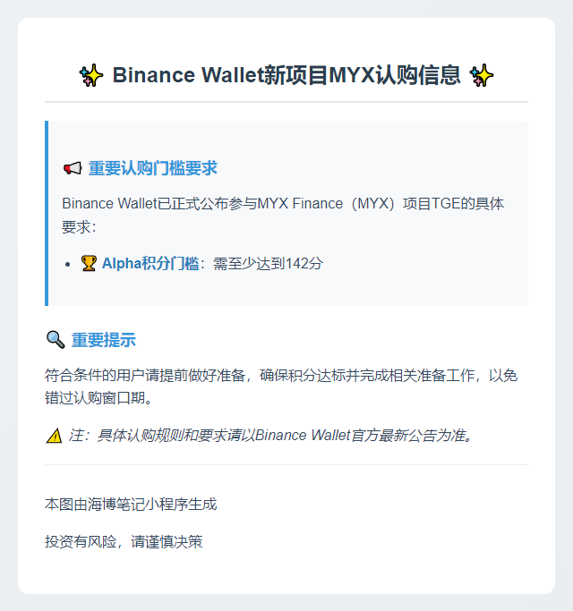 Binance Wallet新项目MYX认购积分需142分