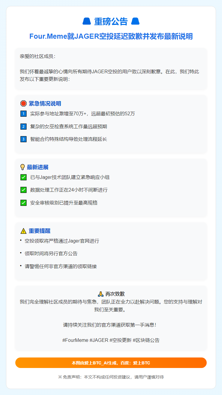Four.Meme致歉：JAGER空投时间将另行通知