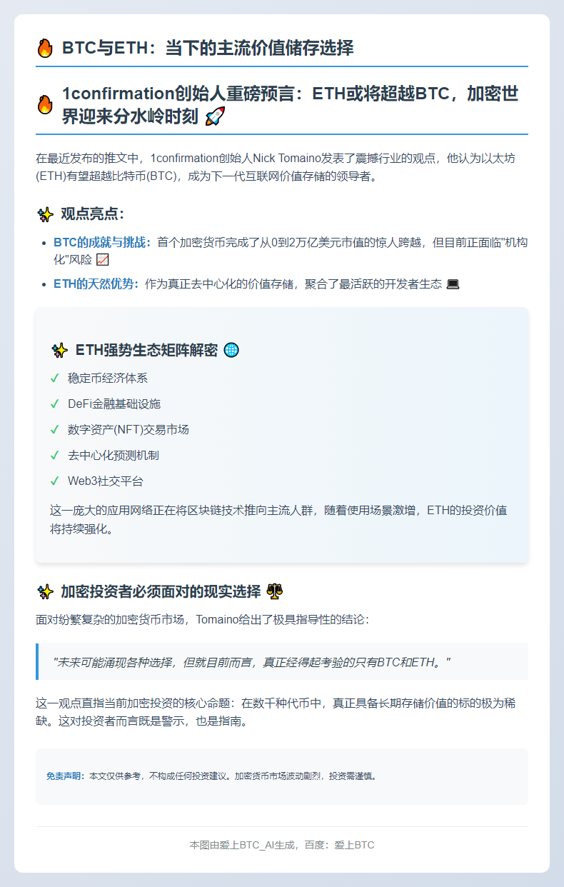 BTC与ETH：当下的主流价值储存选择