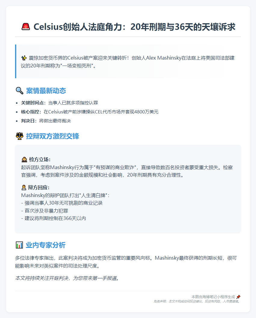Celsius创始人：美方20年求刑等于狱中死亡