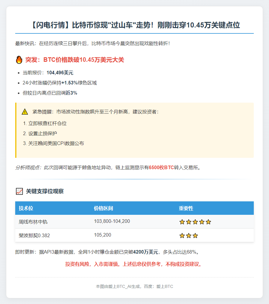 BTC跌穿10.45万美元