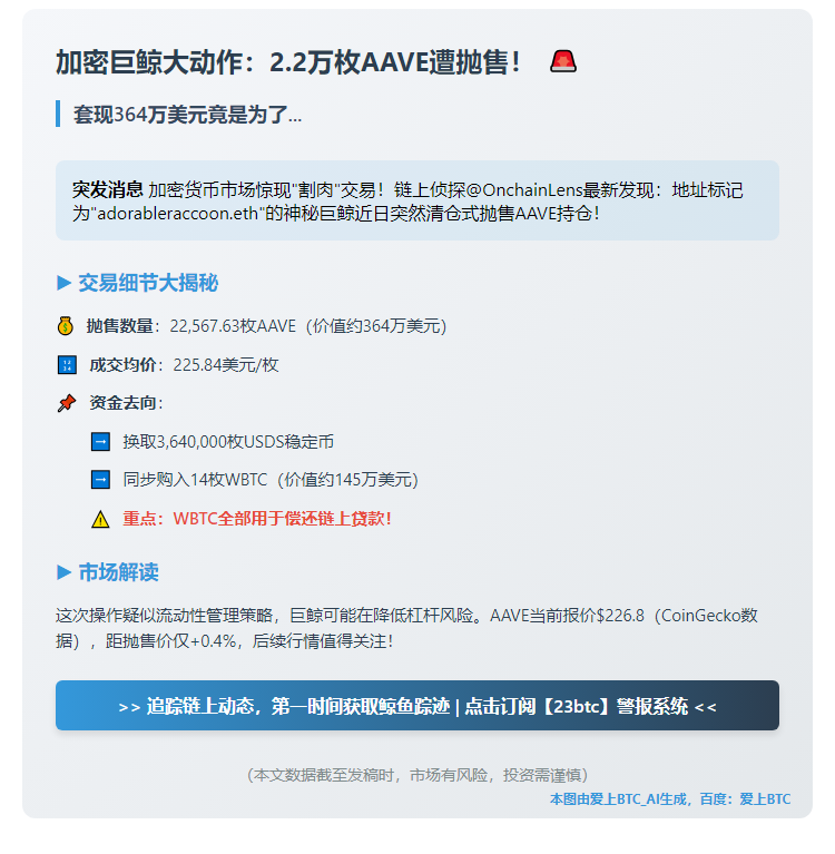 "巨鲸抛售2.2万枚AAVE套现364万美元"