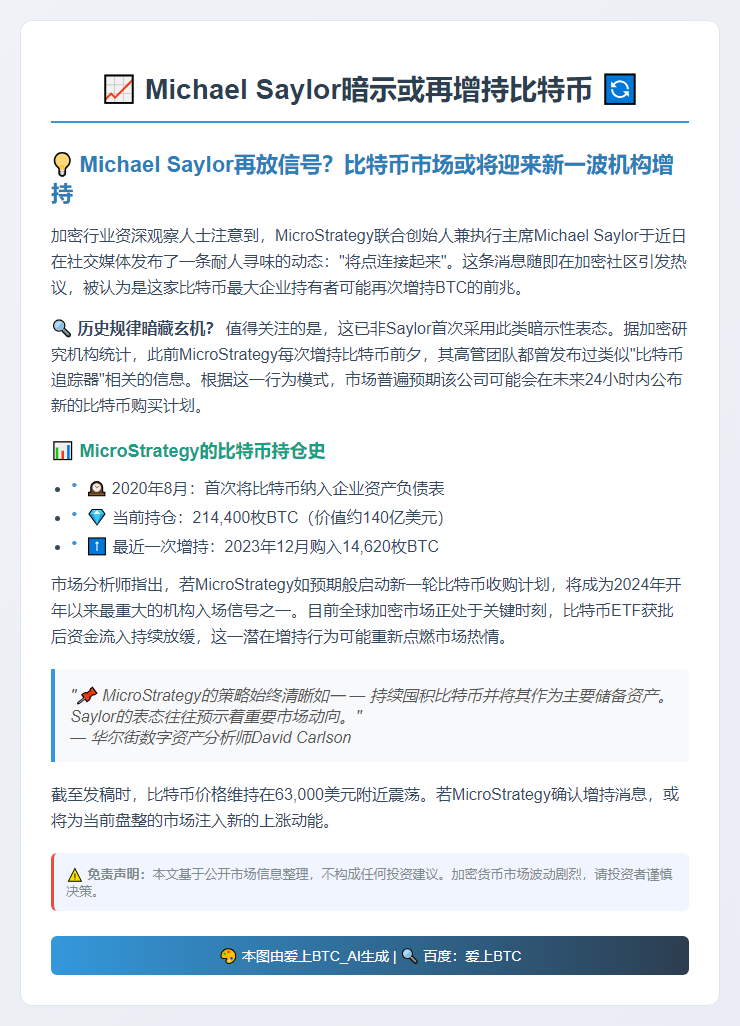 Michael Saylor暗示或再增持比特币