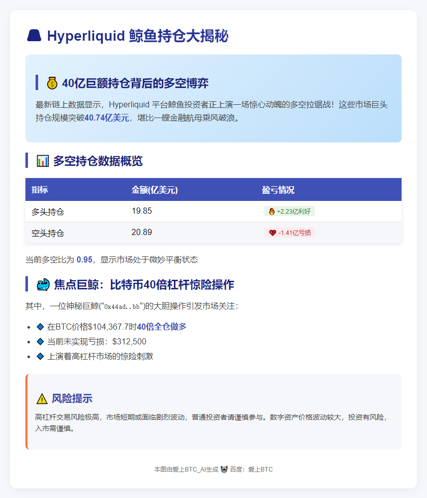 Hyperliquid平台鲸鱼持仓40.7亿 多空比0.95
