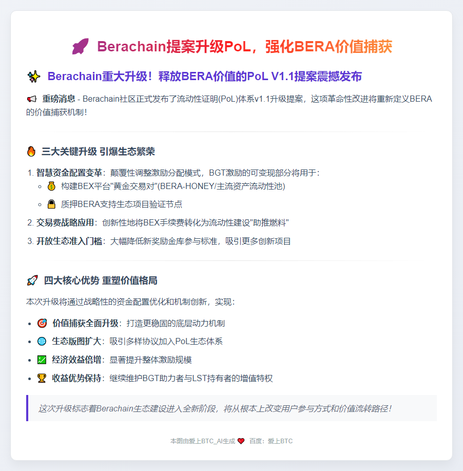 Berachain提案升级PoL，强化BERA价值捕获