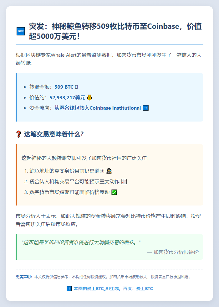 509枚BTC转至Coinbase机构账户，值5293万美元
