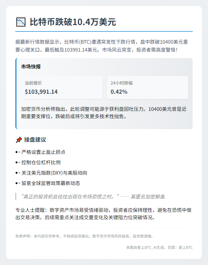 比特币跌破10.4万美元