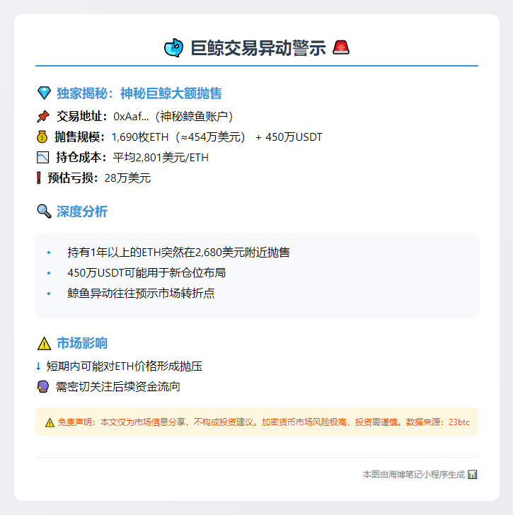巨鲸1小时抛售1690枚ETH及450万USDT