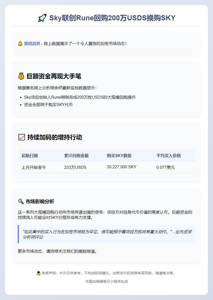 "Sky联创Rune回购200万USDS换购SKY"
