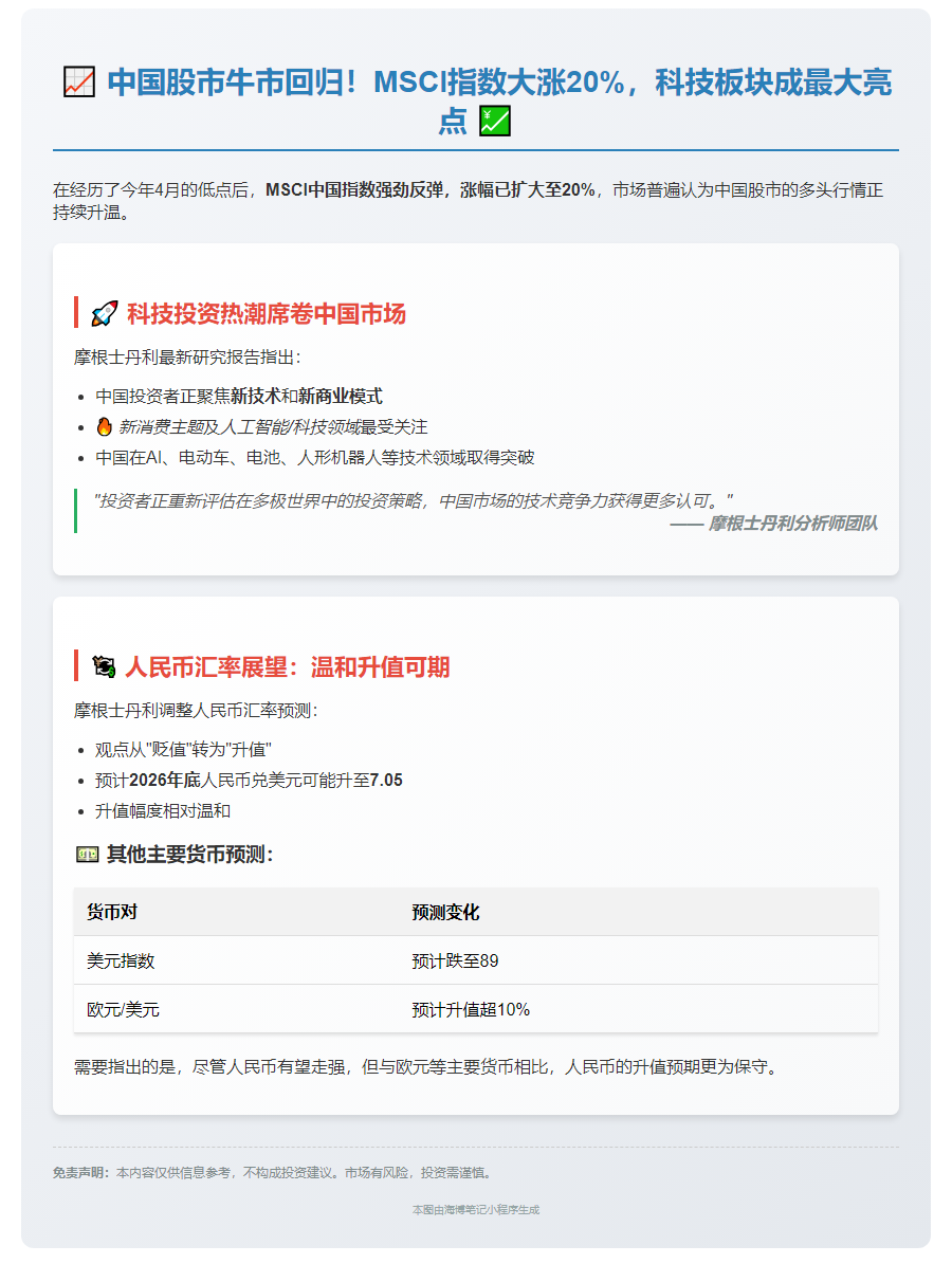摩根士丹利：2026年底人民币或升至7.05