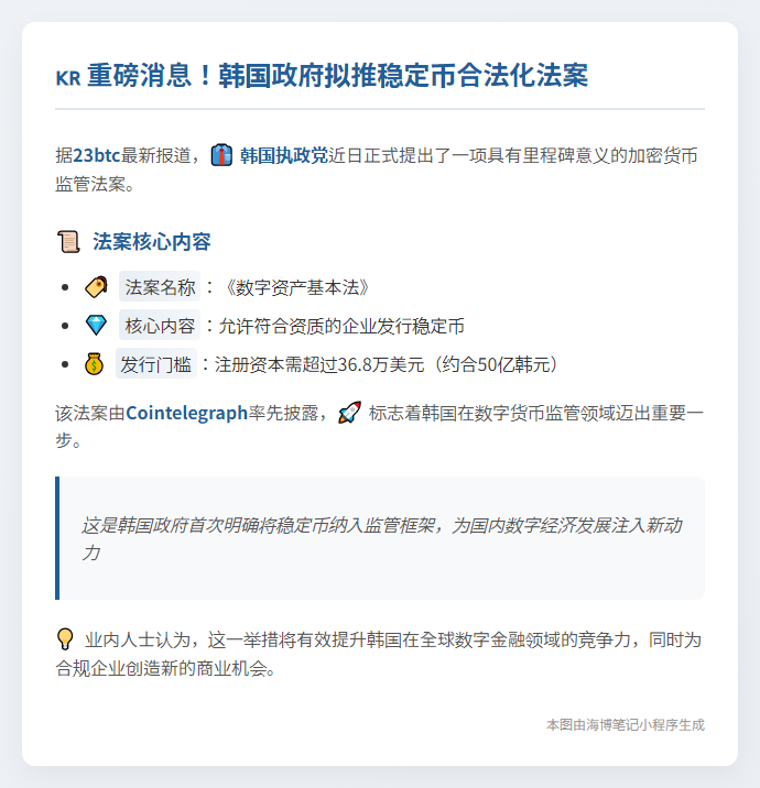 韩执政党提议立法允许发行稳定币