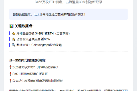 以太坊质押量突破3465万枚，创新高