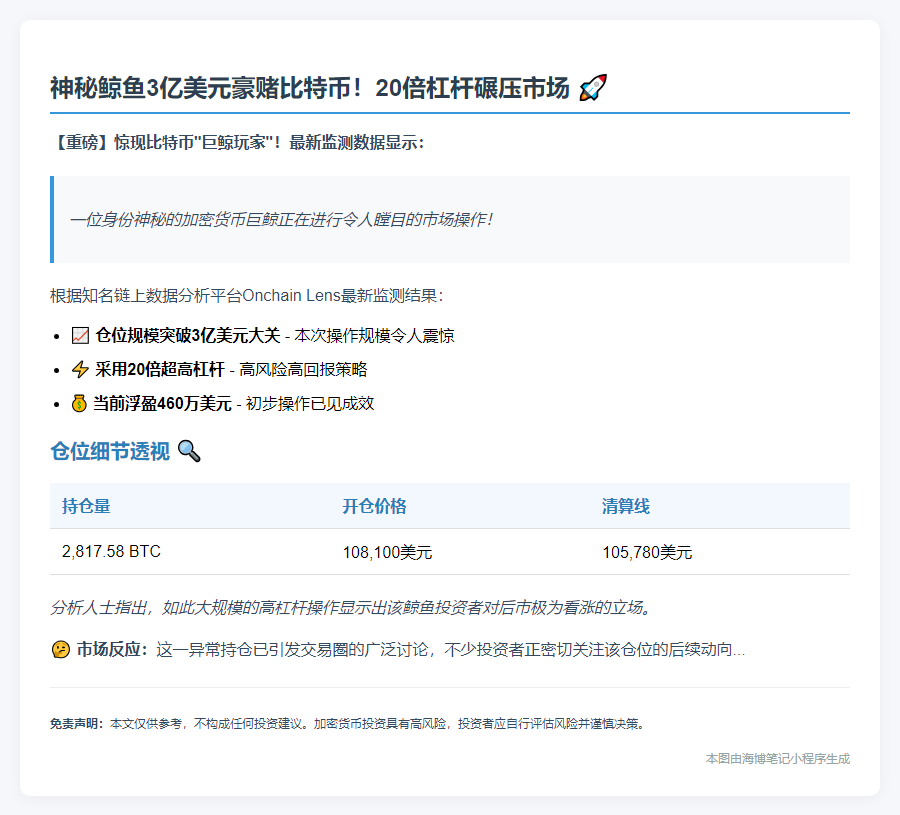 巨鲸豪掷3亿加仓20倍比特币