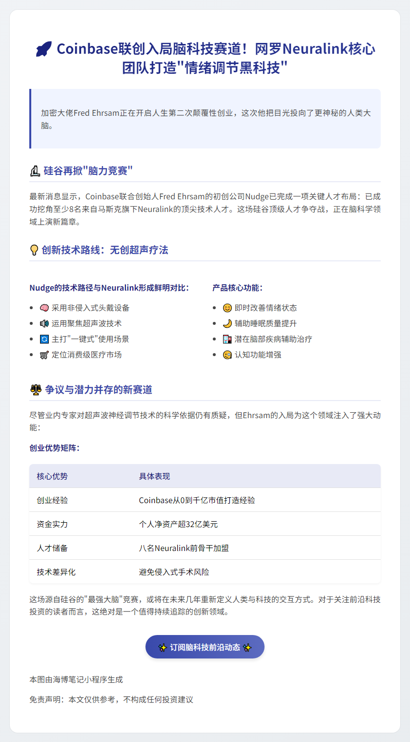 "Coinbase联创挖走至少8名Neuralink前员工"
