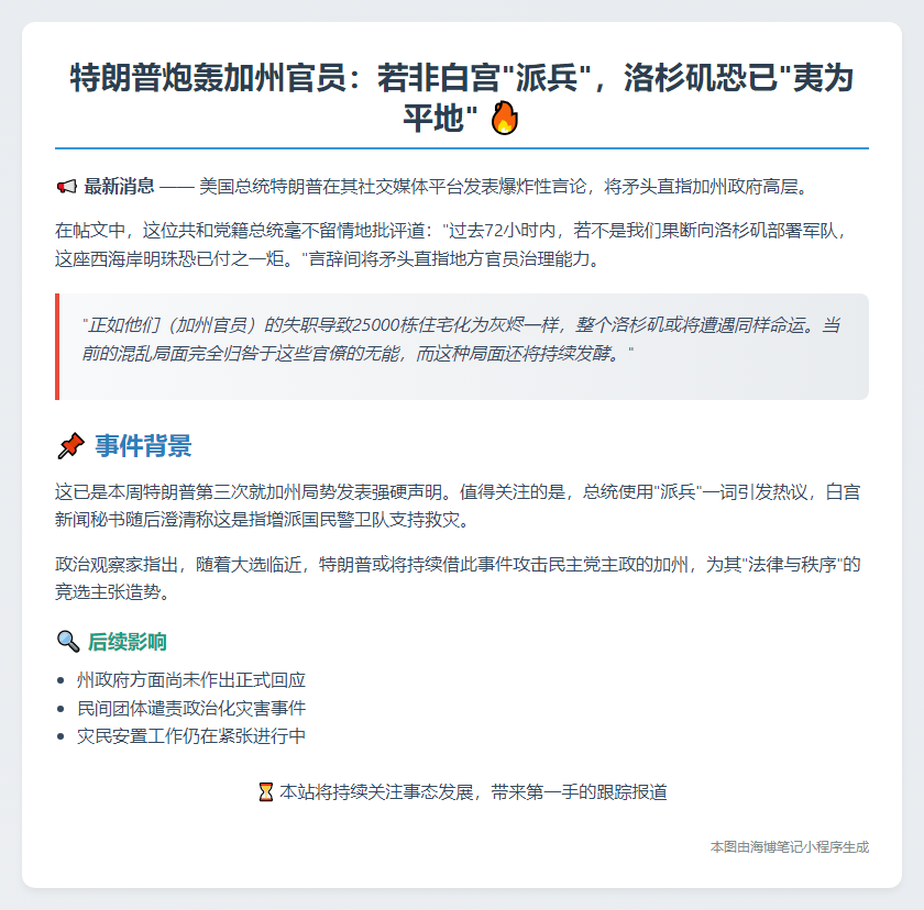 （原标题：特朗普称加州州长和洛杉矶市长“无能”）

改写后标题：
特朗普炮轰加州州长及市长无能