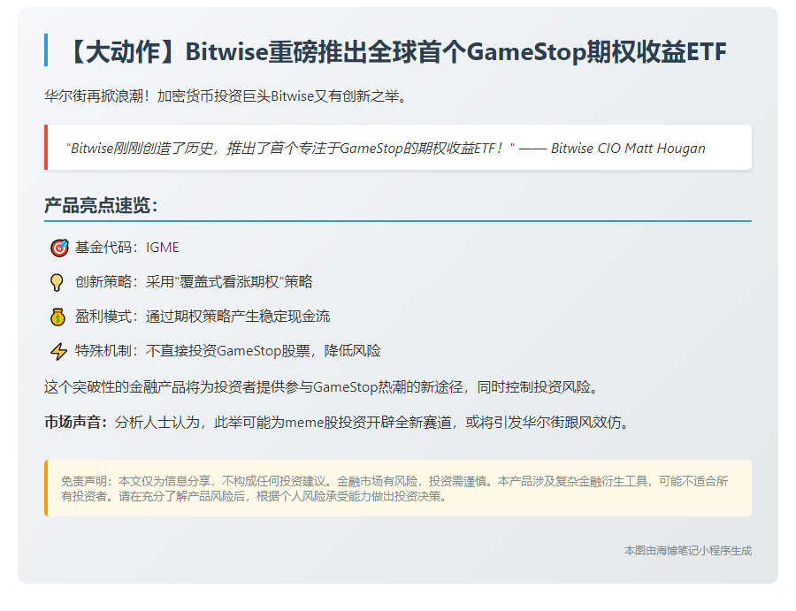 Bitwise发布GME期权收益ETF