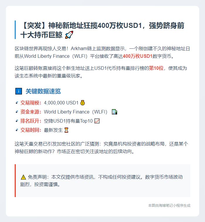 新地址获400万USD1 跃居十大持有者