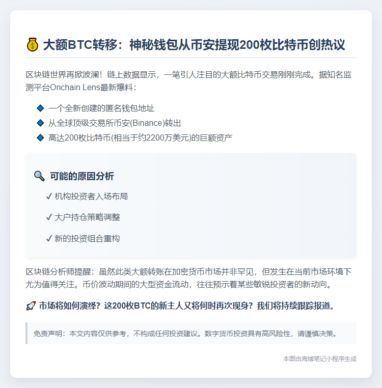 币安200枚BTC转出 价值2200万