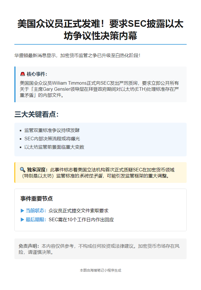 美议员促SEC提交以太坊处理争议文件