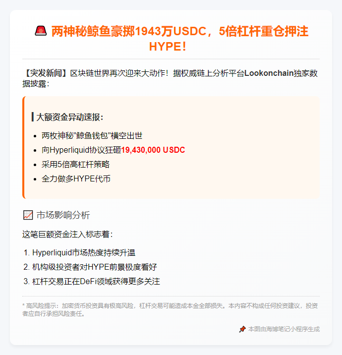 "新钱包存1943万USDC，5倍杠杆做多HYPE"