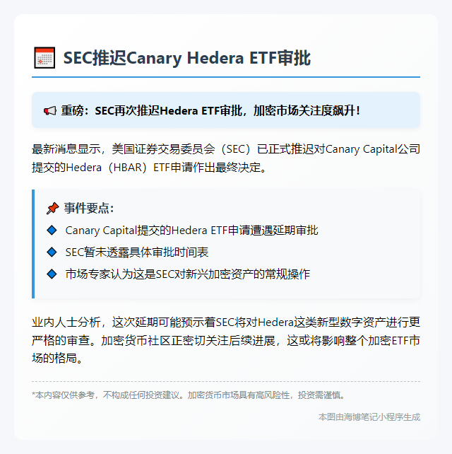 SEC推迟Canary Hedera ETF审批