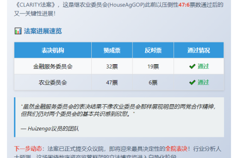 《CLARITY法案》投票通过：32赞成，19反对