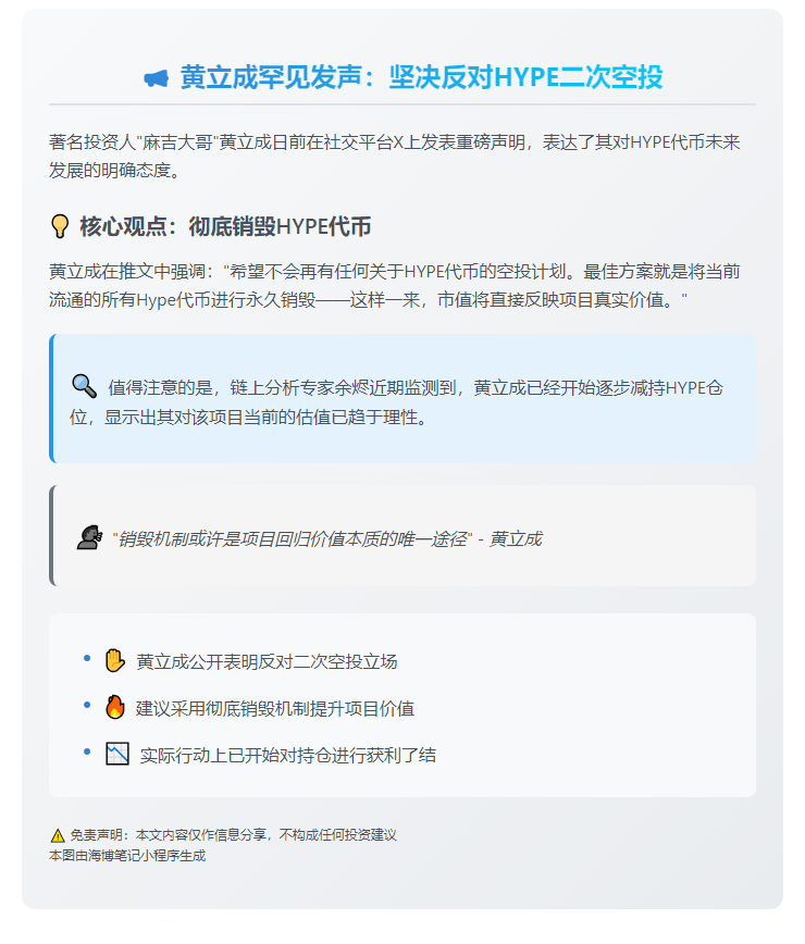黄立成吁勿重蹈HYPE空投覆辙