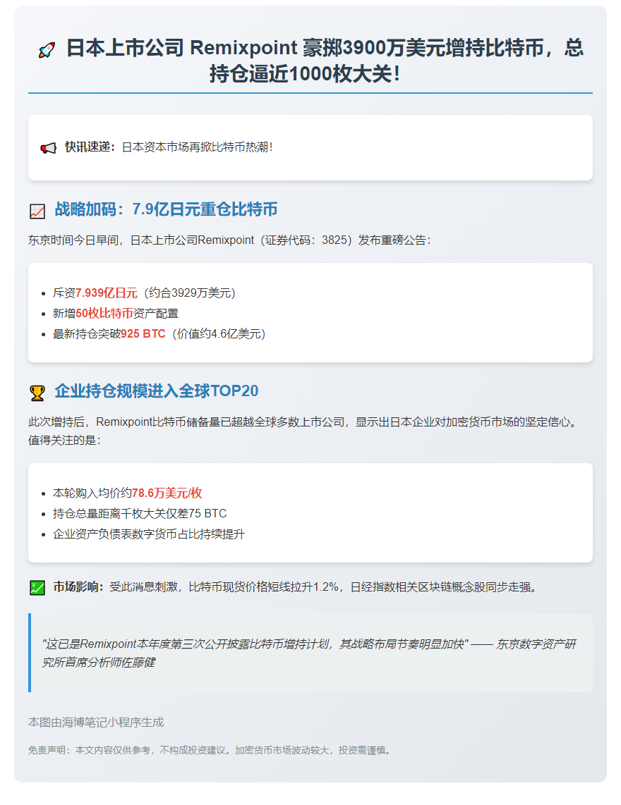 日本企业 Remixpoint 增持50枚BTC，持仓达925枚