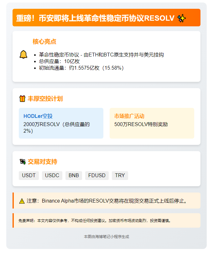 币安上线RESOLV并推空投计划
