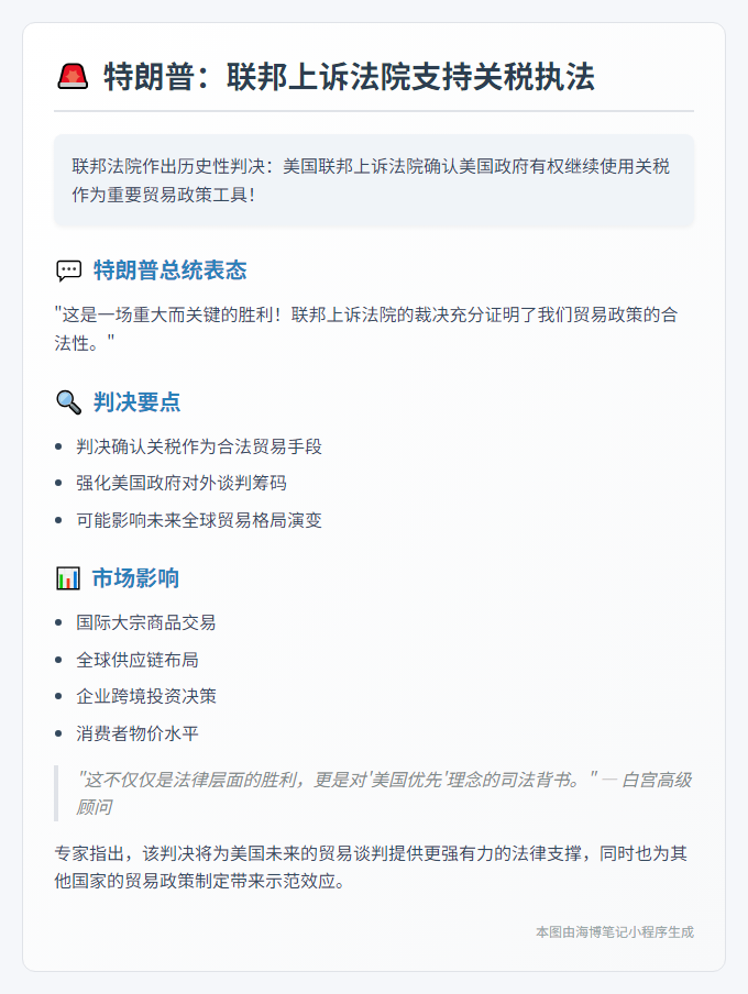 特朗普：联邦上诉法院支持关税执法