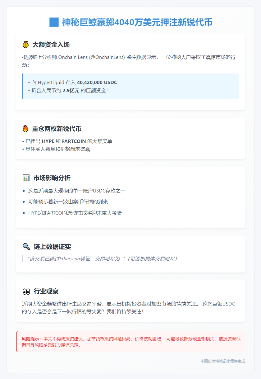 巨鲸存入4042万USDC狂购HYPE和FARTCOIN