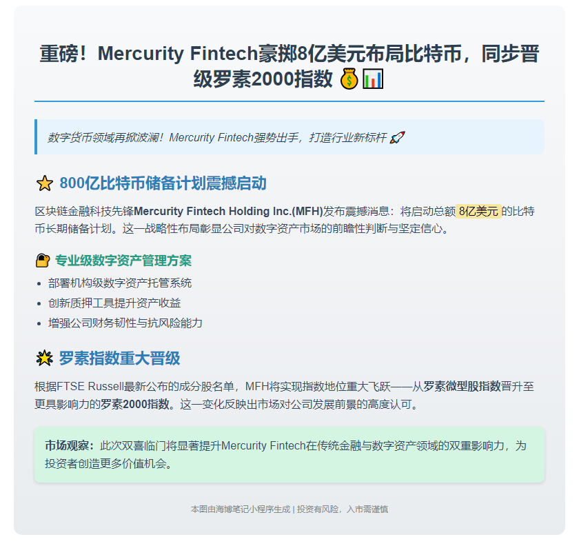Mercurity持仓8亿美元比特币 跻身罗素2000