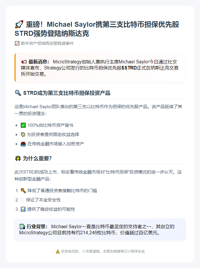 STRD登陆纳斯达克，比特币优先股添第三支
