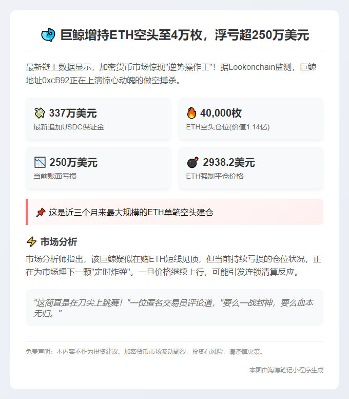 巨鲸增持ETH空头至4万枚，浮亏超250万美元