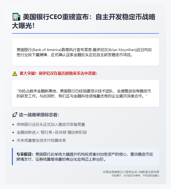 美银CEO：银行正开发自有稳定币
