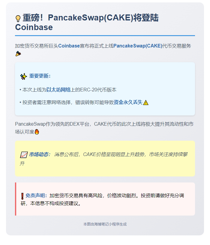 "Coinbase新增PancakeSwap(CAKE)"
