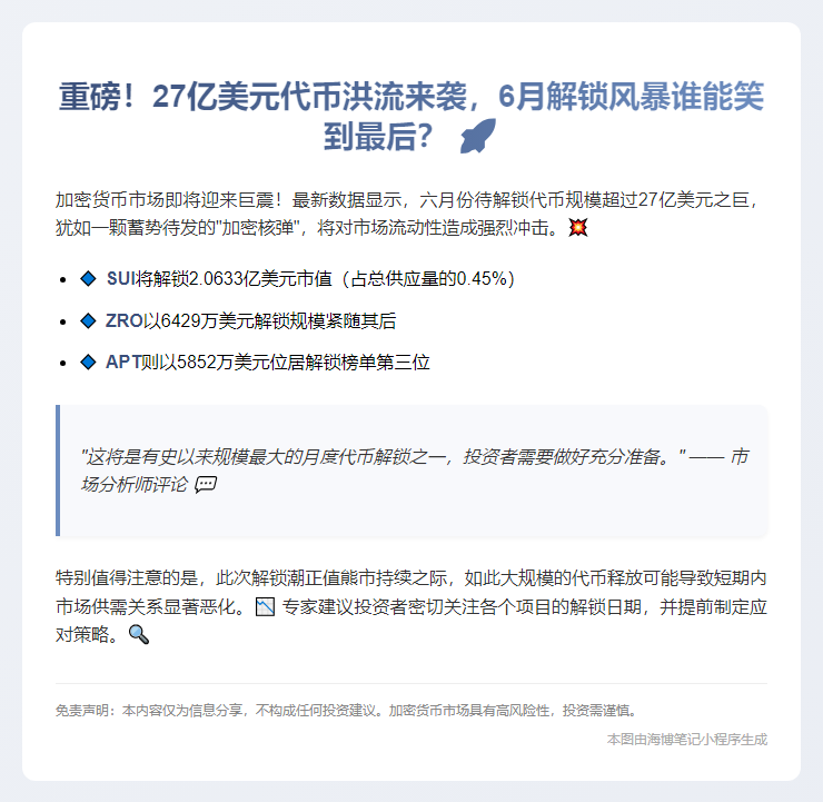 六月超27亿美元代币解锁