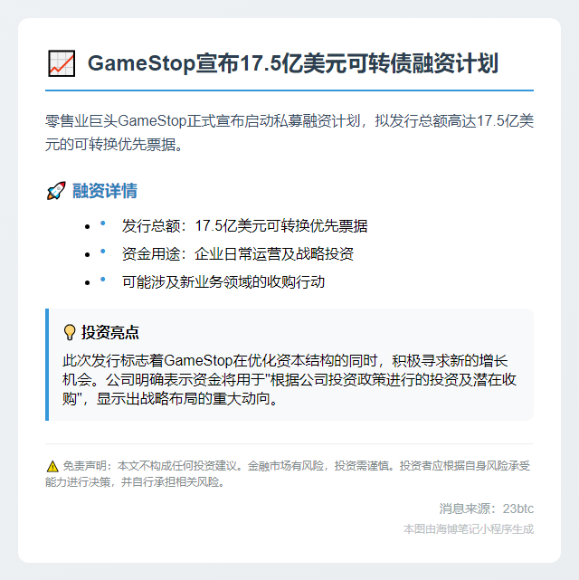 GameStop拟私募17.5亿美元可转债