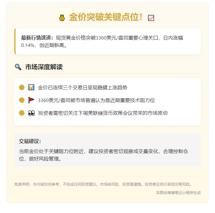 黄金现货突破3360美元